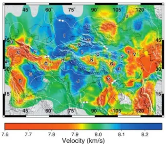 Figure I.4.2: Tomographie sismique des ondes Pn en Asie (Phillips et al., 2007). D = Bouclier Arabe ; E = Plateforme Arabe.