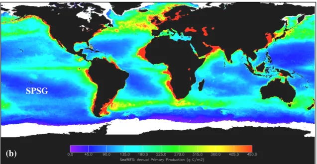 Fig. 1. (a) Global, annual average net primary productivity on land and in the ocean during 2002 (kgC m -2 y -1 )