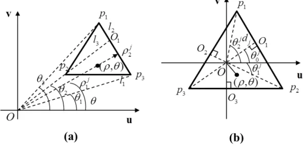 Figure 2.7: Patch triangulaire en coordonnées cartésiennes locales pu, v, wq et coordonnées polaires pρ, θq (a)