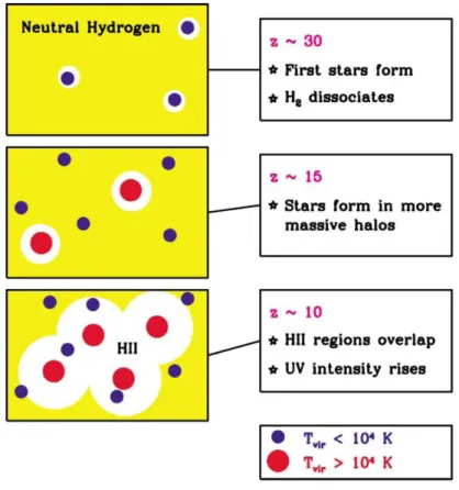 Figure 1.2: Stage in the reionization of hydrogen in the intergalactic medium (From Loeb &amp; Barkana (2001))