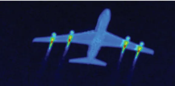 Figure 1: Signature infrarouge d'un avion de ligne commercial dans la bande 3-5 µm, montrant une forte  émission thermique venant des réacteurs [4] 