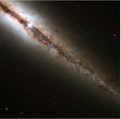 Fig. 1.2 – Disque de la galaxie spirale NGC 4013, vu par la tranche. La train´ee sombre dans le plan du disque est dˆ ue `a l’absorption de la lumi`ere par les poussi`eres du milieu interstellaire