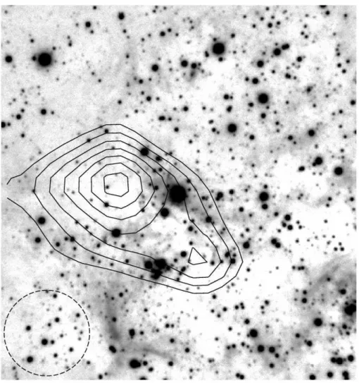 Fig. 9. An H band image of our field with a contour overlay of the 12 CO(1–0) intensity of the molecular cloud N159-East from Johansson et al.