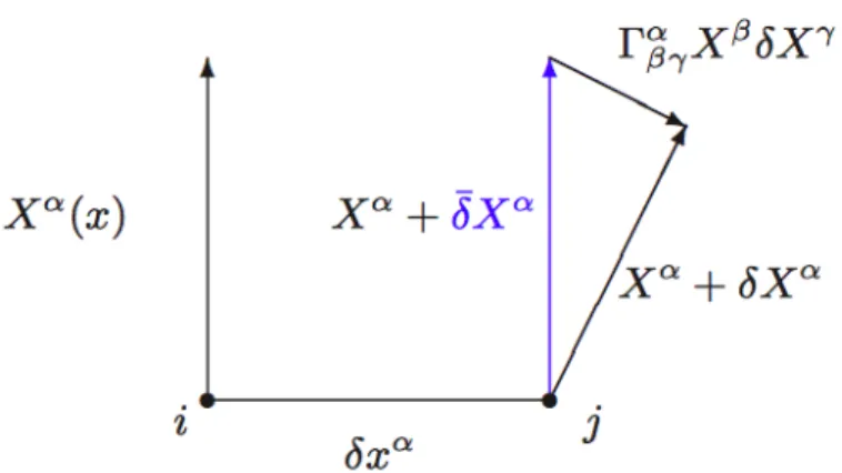 Figure 2.1: Distortion in a vector field in the transport from a point i to a point j of the curved spacetime.