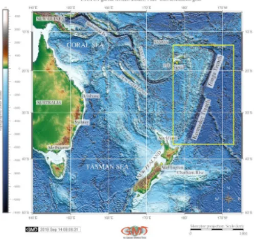 Figure 18: Topographic map and location of the Kermadec and Tonga trenches. [48]