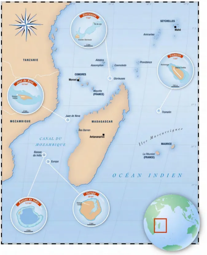 Figure 32 : Carte de localisation des îles Éparses. Source : www.taaf.fr, crédit Aurélie Boissière