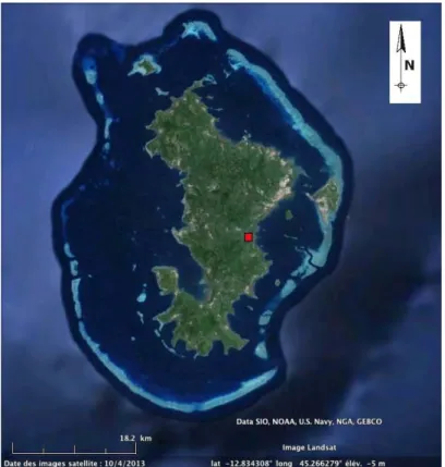 Figure 37 : Image satellite de Mayotte, Google Earth. La localisation de la station sismique est représentée par  le carré rouge