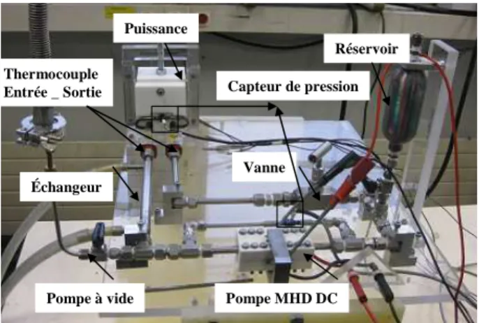 Figure 2 : Photographie de la boucle de refroidissement   La  puissance  thermique  est  créée  grâce  à  des  cartouches  chauffantes  insérées  dans  un  bloc  en  aluminium, ces cartouches peuvent dissiper une puissance  supérieure à 1kW