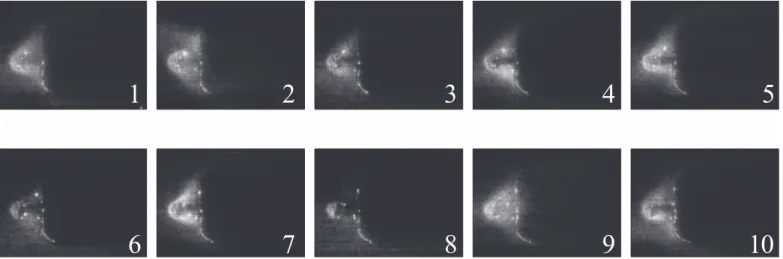 Figure 10. Series of images from the high-speed video from the argillite test. Images are taken in 1.5 ms intervals.