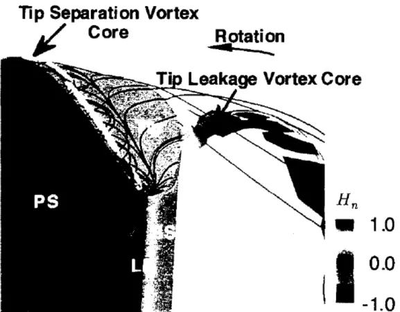 Fig. 2.5 Tip-leakage flow structure at design point, observed in Inoue and Furukawa’s RANS computation [56].