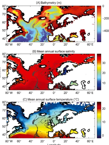Fig. 1. Spatial distribution of (A) bathymetry, (B) mean annual sea surface salinity and (C) mean annual sea surface temperature
