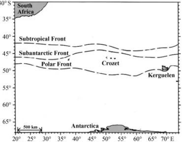 Fig. 1. Location of Kerguelen Islands and oceanographic fronts in the southwestern Indian Ocean