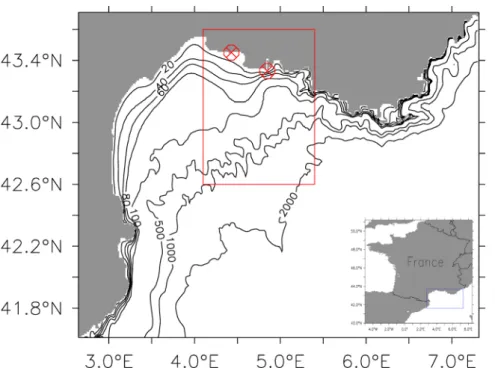 Figure 1. Bathymetry of the MARS-3D model grid in the Gulf of Lion (GoL). Red-crossed circles indicate the location of the ‘‘Petit Rhone’’