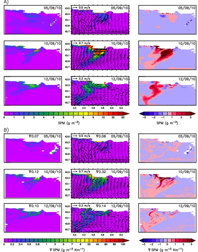 Figure 6. For the standard run of 5–10-12 September 2010: (a) satellite SPM concentration (g m 23 ) (left plots), simulated surface SPM concentration (g m 23 ), and surface currents (black arrows) (middle plots), and absolute difference (SPM model -SPM sat