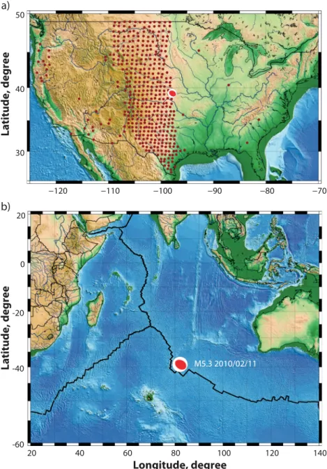Figure 1. (a) Locations of USArray transportable array stations at the time of study with the location of the earthquake antipode