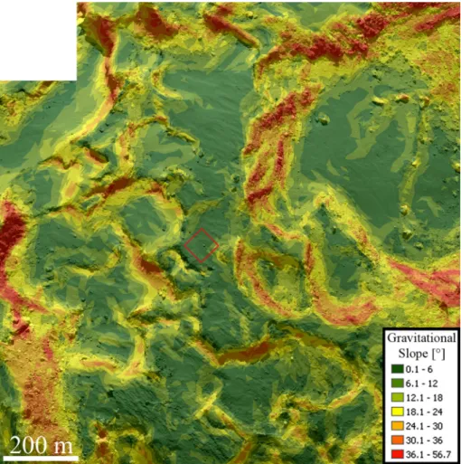 Figure 5. The gravitational slope maps produced with the observation geometry of the two OSIRIS NAC images