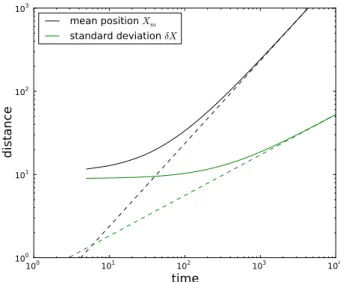 Fig. 3. Mean position X m (black line) and standard deviation δX (green line) of a plume of tracers as a function of time for α = 0.3.