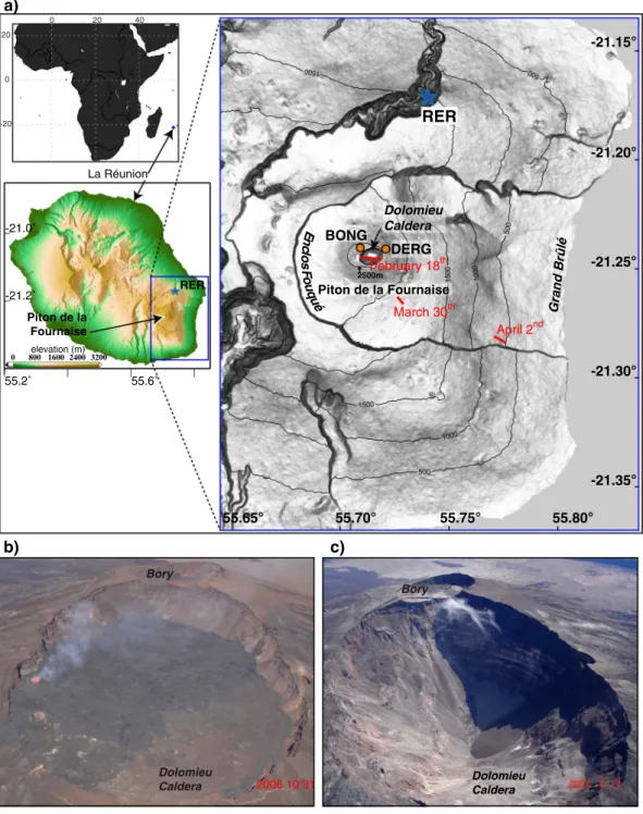 Figure 1.  Location of the Dolomieu Caldera. (a) The caldera is located on the Piton de la Fournaise massif,  on the southeastern part of La Réunion