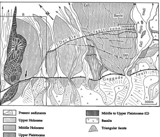 Figure  5a.  Geological and structural map of the western termination of the  Der'Ela  fault  (location indicated with black arrow in Plate 2), interpreted from aerial picture analysis