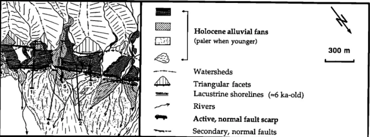 Figure  ?a.  Morphotectonic  map of a portion of southern  Gaggade  fault, based  on interpretation  of aerial photos