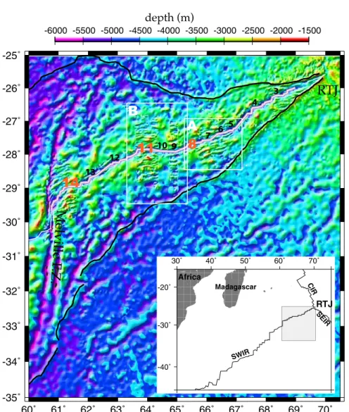 Figure 1. Topographic map of the Southwest Indian Ridge (SWIR) between 60°E and 70°E, from shipboard bathymetric data and satellite-derived bathymetry [Smith and Sandwell, 1997]