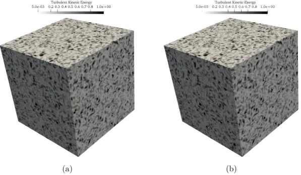 Figure 3.6 – Contours of turbulent kinetic energy at τ = 2 computed with (a) the previous version and with (b) the new version of the DNS code.