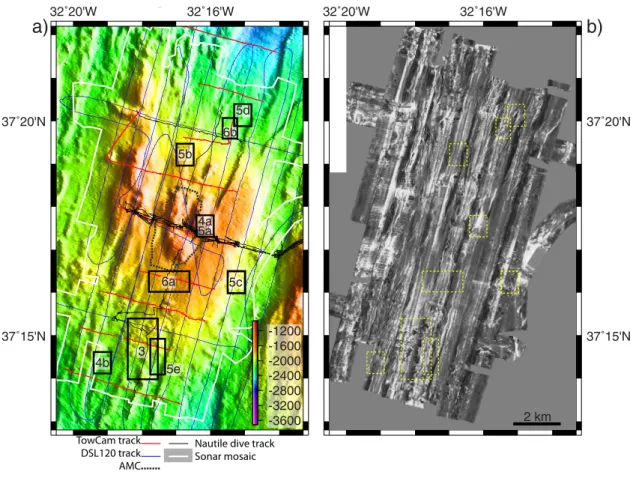 Figure 2. (a) Bathymetry of the Lucky Strike seamount, showing TowCam, Nautile, and DSL120 tracks, and the outline of the ﬁnal sonar mosaic