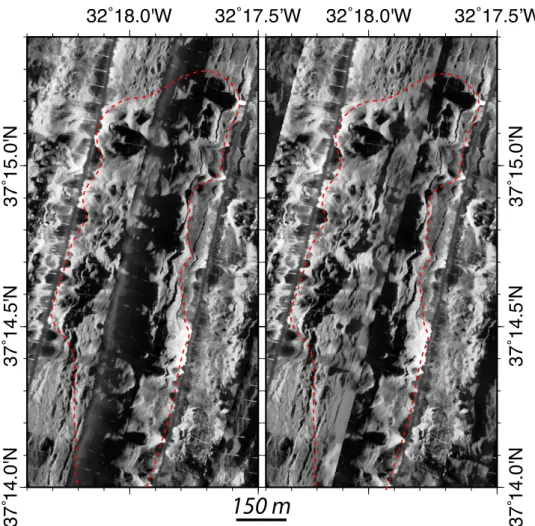 Figure 3. Acoustic backscatter maps of an axial volcanic ridge (outlined by dashed red line) with (left) westward and (right) eastward inso- inso-niﬁcation directions