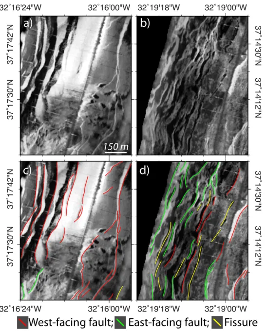 Figure 4. Examples of (a and b) sonar images and (c and d) corresponding interpretation of faults and ﬁssures