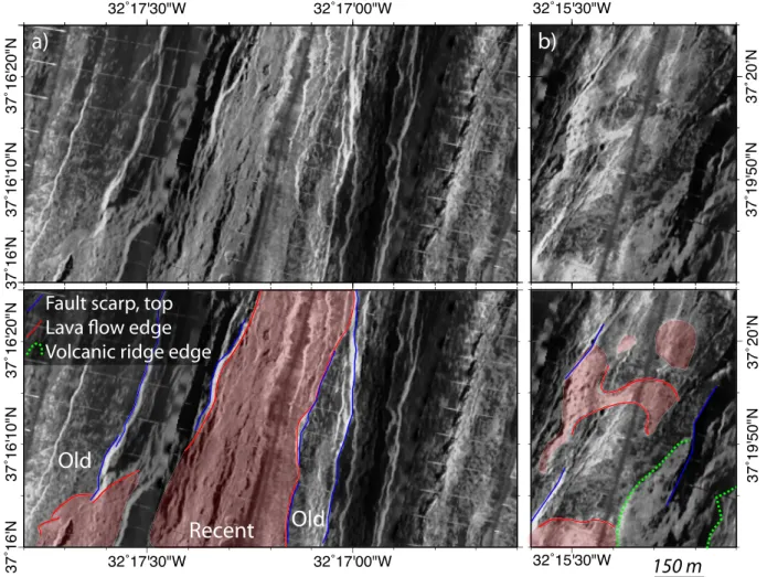 Figure 6. Sidescan sonar images of the neo-volcanic zone. (a) Near the volcano summit, the axial graben ﬂoor is covered with recent lava ﬂows (higher acoustic backscatter) than the older, sedimented seaﬂoor beyond the bounding fault scarps