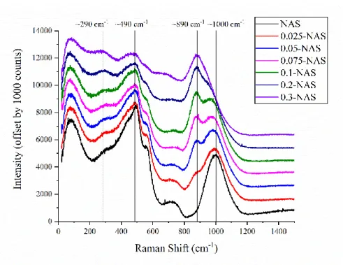 Figure 8. Raman spectra of Ti-NAS glass  without any  background subtraction or  normalization;  spectra are offset  898 