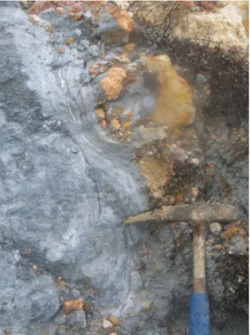 Figure 10. Plastic bluish-grey hydrothermally altered clay observed in land- land-slide deposits.