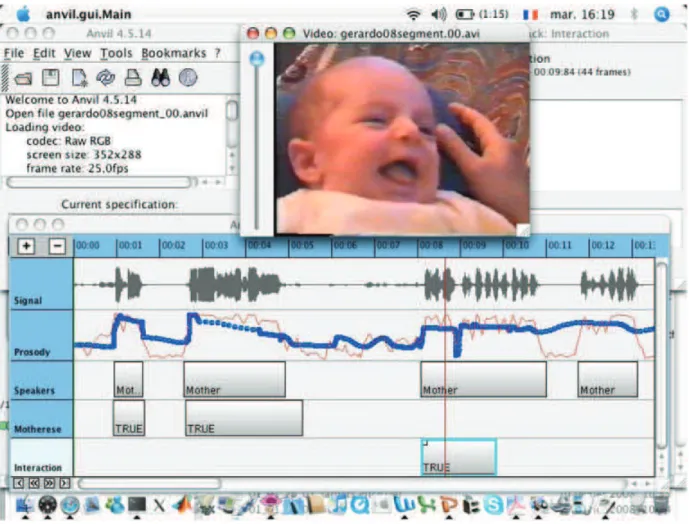 Figure 3 Use of the detector as a tool to study motherese in a home video. In a sequence of duration 12 seconds during which a positive interaction occurred (see baby's smile), the detector automatically analyses the acoustic signal, prosodic characteristi