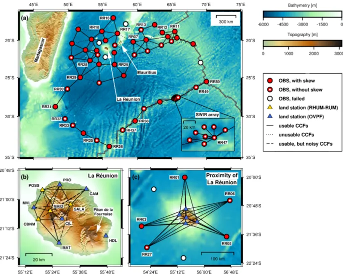Figure 1. Maps of seismological broad-band stations used in this study, installed on and around La R´eunion island