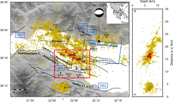 Figure 1. Map and vertical section of historical earthquakes and microseismicity between 2000 and 2007