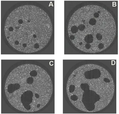 Figure 3 Evolution of pore structure of cement paste without organic admixture  (water to cement ratio equal to 0.5) at 16 min (a), 26 min (b), 35 min (c) and 50 min  (d) 