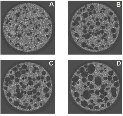 Figure 4 Evolution of pore structure at the same level in the stack as in figure 3 of a  cellulose ether modified cement paste (water to cement ratio equal to 0.5) at 16 min  (a), 26 min (b), 35 min (c) and 50 min (d) 