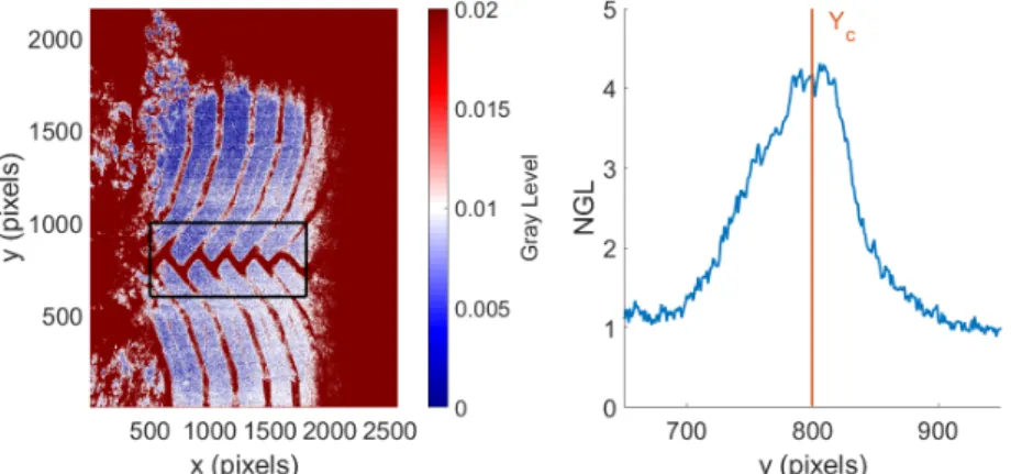 Figure 3.16: On left : Gray level map with the averaging zone in black. On right : mean Gray level profile in y (y mean profile).