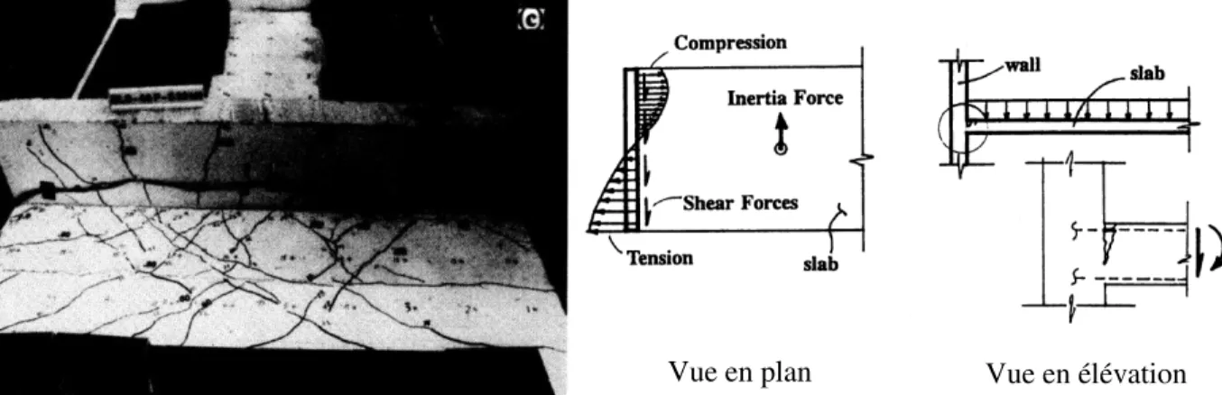 Figure 1.21 – A gauche : schéma de fissuration de la maquette à la rupture, à droite : analyse du  comportement de la structure, (Pantazopoulou &amp; Imran, 1992) 