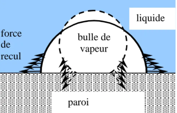 Figure  12  :  Etalement  de  la  bulle  de  vapeur  sur  une  paroi  chauffante  sous  l’action  de  la  force  de  recul  de  la  vapeur