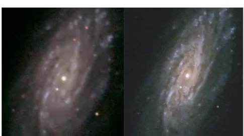 Figure 1.11: Images de la galaxie HCG87c prises avec Gemini South sans son optique adaptative (gauche) et avec le télescope spatial Hubble (droite).