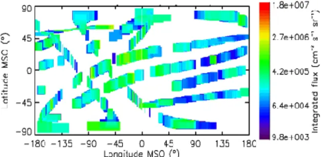 Figure  2:  Integrated  precipitating  flux  measured  by  MAVEN  (SWIA  cs)  during  the  12/2014-10/2016  period  plotted  vs  MSO  latitude  and  longitude