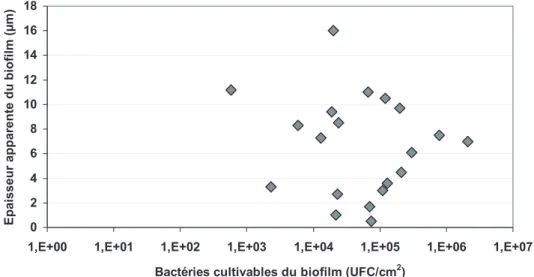 Fig. 10. Évolution de l’épaisseur moyenne des diﬀérents biofilms étudiés (en μm) en fonction de la teneur en bactéries cultivables (en UFC/cm 2 ).