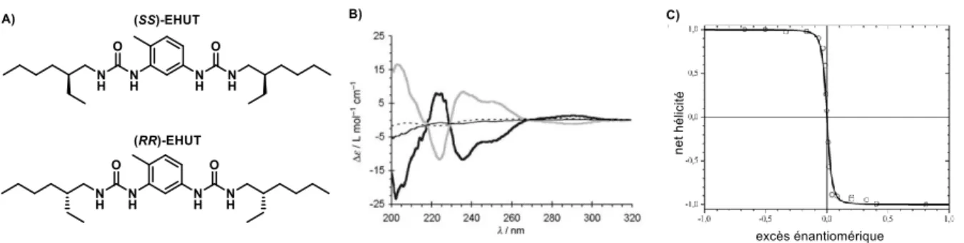 Figure I-12 : A) Structure moléculaire de deux bis-urées chirales (SS)-EHUT et (RR)-EHUT ainsi que les résultats en MR : B)  analyses CD et C) hélicité en fonction de la pureté optique du monomère