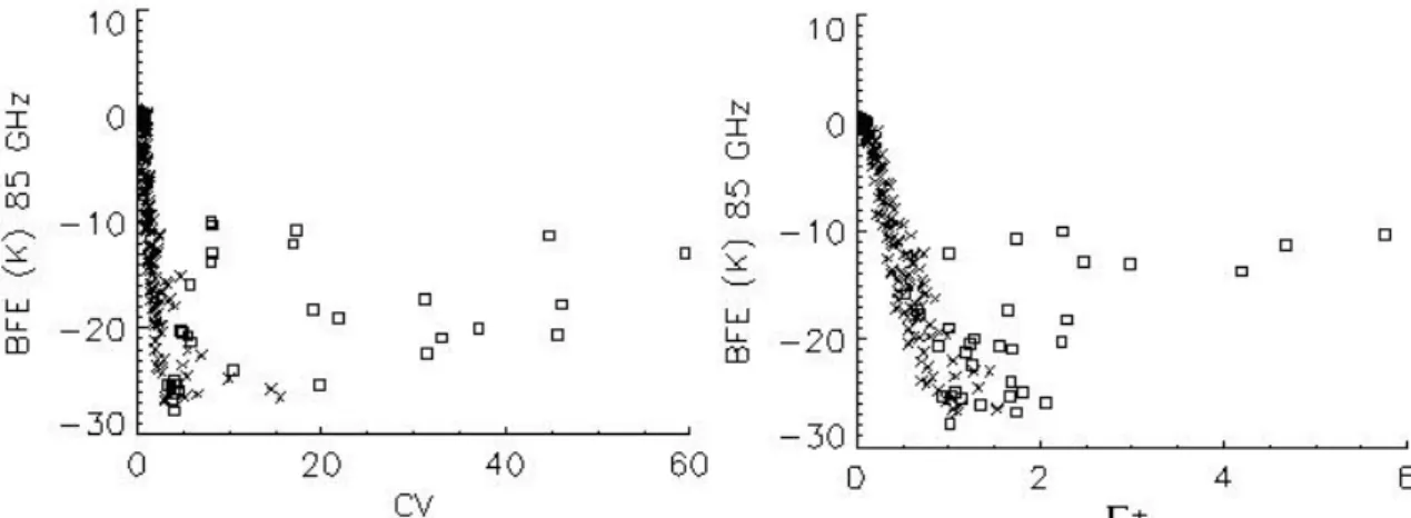 Fig. 5. Beam-filling error (BFE) function of the inhomogeneity for a precipitating non  convective cloud