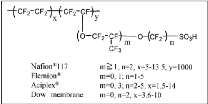 Figure I.3 : Structure chimique de membranes commerciales constituées à partir de polymères perfluorés  sulfoniques (PFSA)