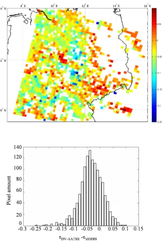 Figure 2.7: Left:Composite map of the difference between the aerosol optical depth derived by MODIS and the aerosol optical depth derived by means of the TNO DV-AATSR algorithm, over Germany for October 13 th 2005