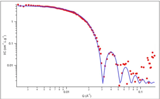 Figure 5 – Courbe de DNPA des particules de silice à 1 g.L -1  (ronds) et ajustement correspondant