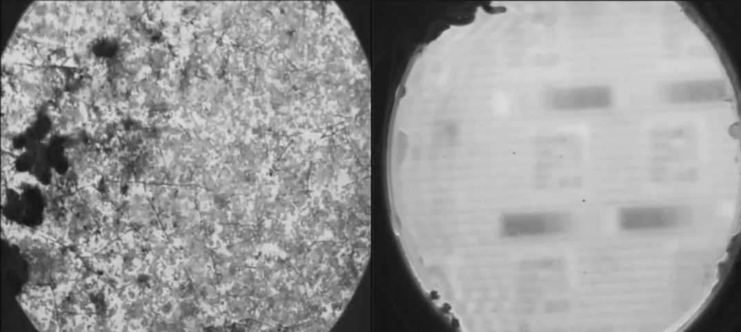 Fig. 1 - Comparaison d’un hublot non protégé (à gauche) et d’un hublot protégé électrochimique- électrochimique-ment (à +1,5 V/ECS) après immersion en eau de mer naturelle pendant 5 mois.