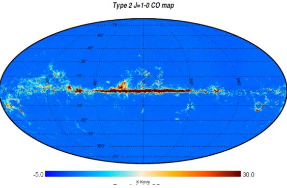 Figure 2.9: Spatial distribution of CO (J=1→0) transition line. This map is a result of component separation methods applied to real 2013 Planck data (Planck Collaboration et al., 2014b)